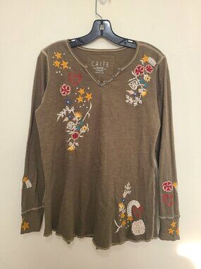 Caite Greta Top Kyla Seo Karyn Embroidered Floral size XS T Shirt Green